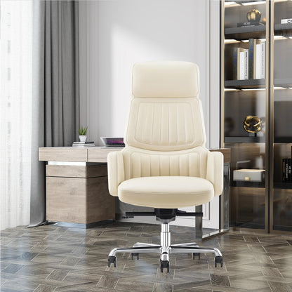 FURIJING Genuine Leather Office Desk Chair with High Back Aluminum Swivel Base Ergonomic Synchro-Tilt Reclining Mechanism Real Leather Executive Chair-Light Beige