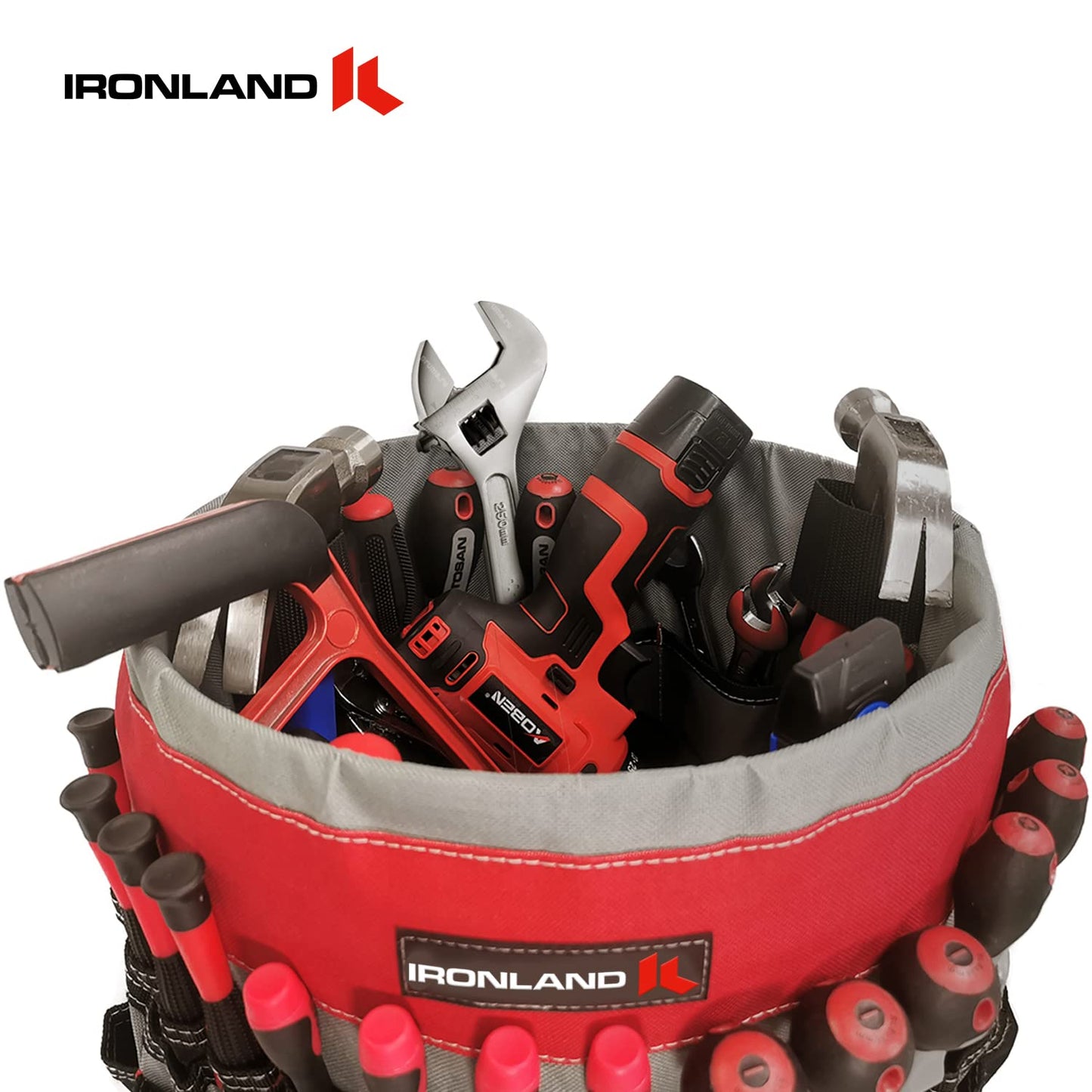 IRONLAND Bucket Tool Organizer Fit 3.5-5 Gallon Bucket, 51 Pockets, Bucket Tool Caddy Organization for Garden, Construction, Carpenter, Electrician, Welding, Builder Red & Black