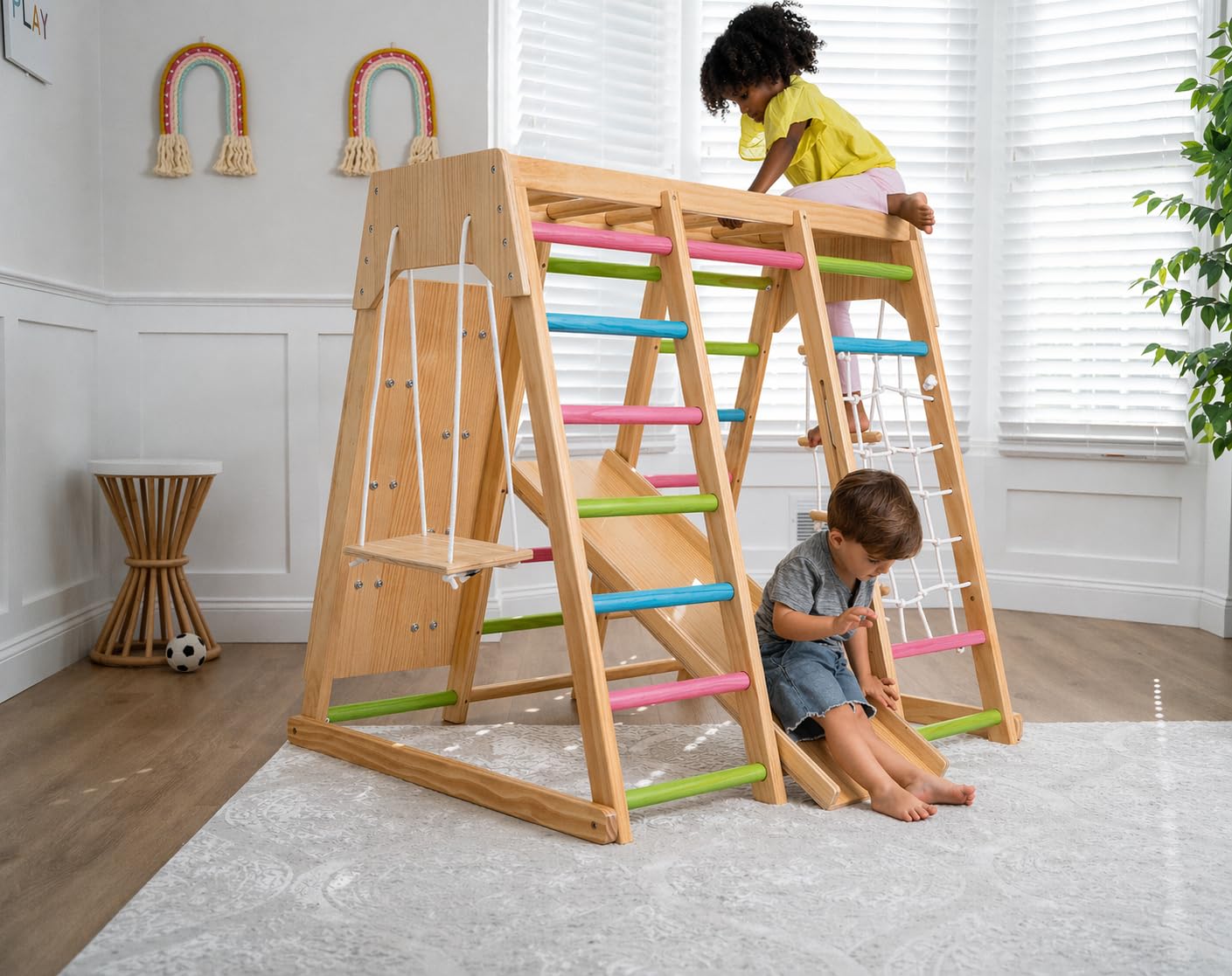 Avenlur Premium Wooden Indoor Climbing Gym for Kids – Montessori Playset with Climbing Wall, Ladder, Rope Net & Swing – Solid Natural Wood Toddler Playground, Ages 1–6