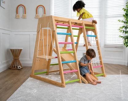 Avenlur Premium Wooden Indoor Climbing Gym for Kids – Montessori Playset with Climbing Wall, Ladder, Rope Net & Swing – Solid Natural Wood Toddler Playground, Ages 1–6