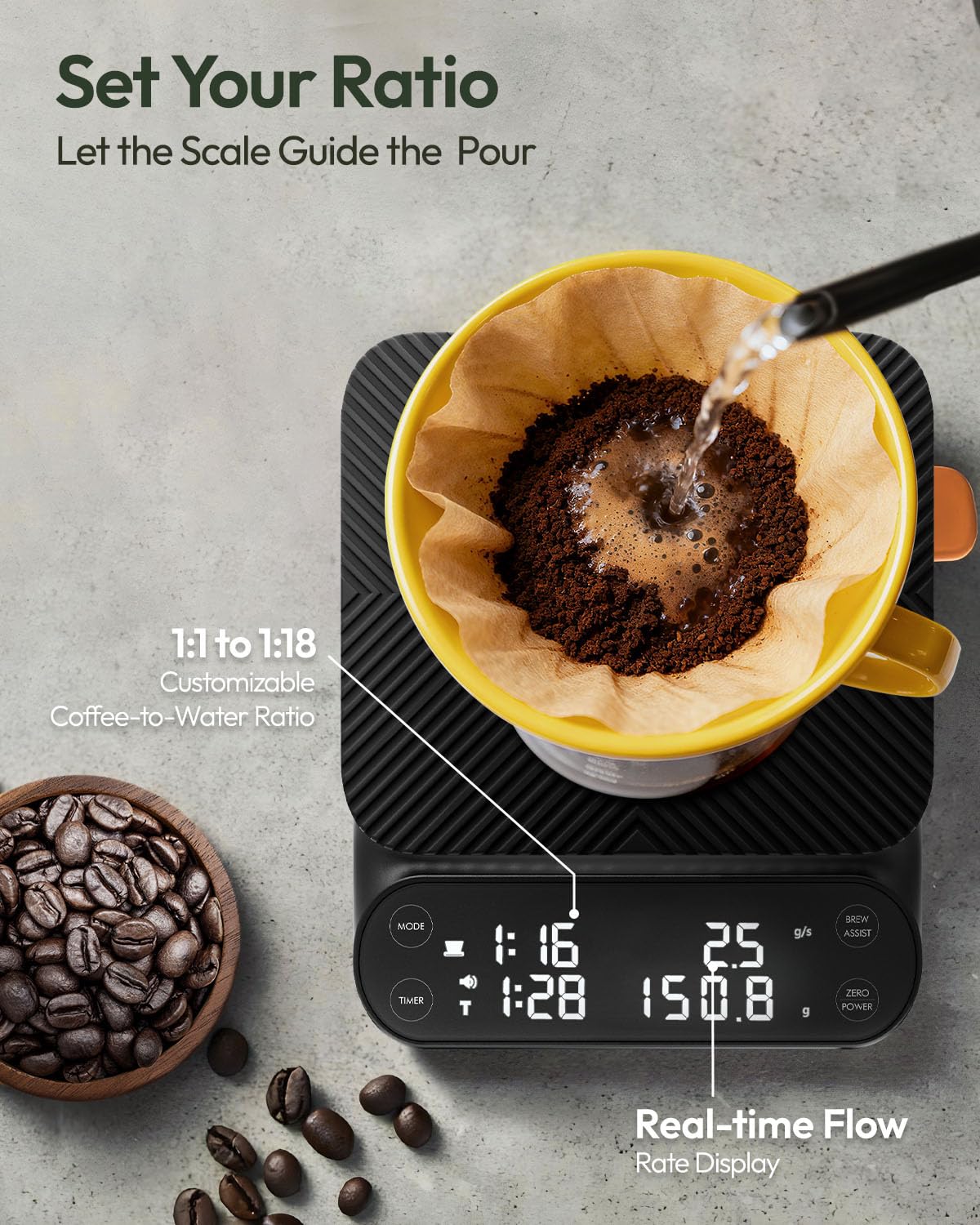 Maestri House S3 Coffee Scale with Timer, 3kg/0.1g Rechargeable Digital Scale, 3 Brew Modes, Adjustable Ratios & Flow Rate Display, Barista-Grade for Pour-Over, Espresso, French Press – Black