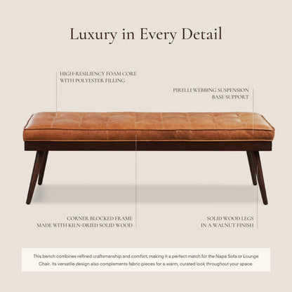 Poly & BARK 55" Tufted Leather Bed Bench for Bedroom End of Bed - Living Room Entry Way Bench - Pure Italian Leather Upholstery with a Solid Wood Frame - Ottoman Bench with Wooden Legs - Cognac Tan
