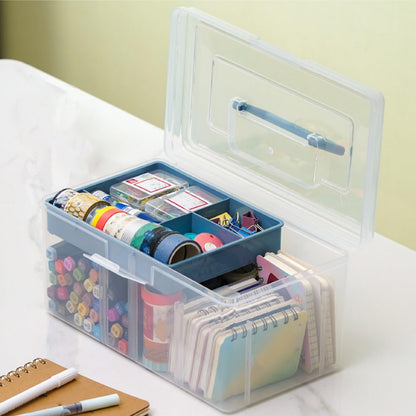 Acshio 2 Pack Plastic Dividing Storage Box, 2 Layer Multipurpose Craft Organizer and Storage Box with Removable Tray Handle, Portable Art Supply Container for Bead, Tool, Sewing
