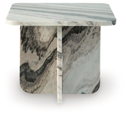 Signature Design by Ashley Baretton Contemporary Marble Accent Coffee Table with Cross Pedestal Base, Neutral Palette, Sculptural, Artful, Top to Floor 14.38", Black, White and Taupe Tones