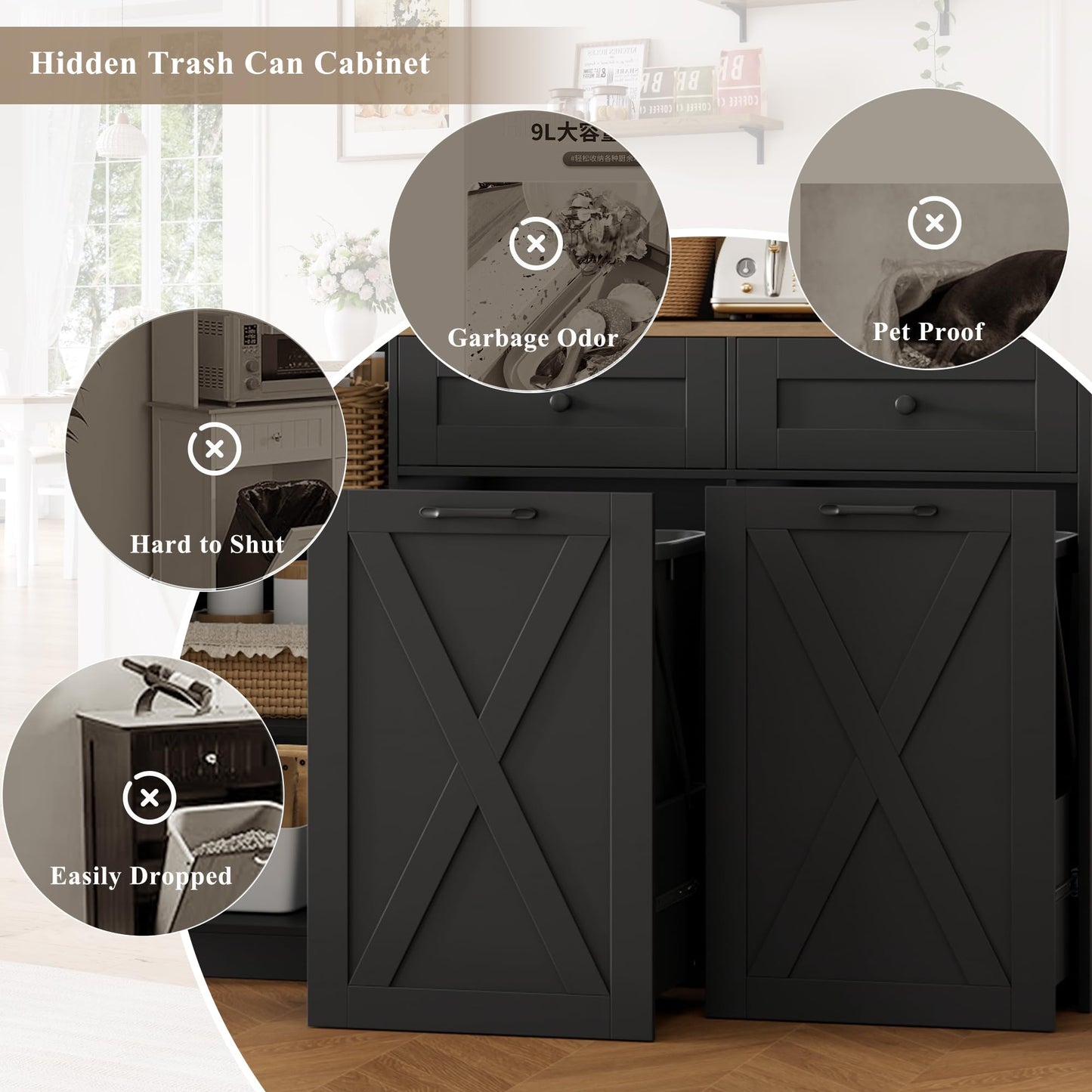 HOSTACK 71" H Kitchen Trash Can Hutch Cabinet, 12.5 Gallon Double Pull Out Garbage Can Hutch Cabinet with Trash Bin Storage Holders, 47" Wide Kitchen Pantry with Hidden Garbage Storage, Black