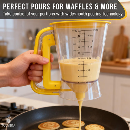 Pancake Batter Dispenser | 5-Cup Mix Pourer for Pancakes, Waffles, Crepes, Muffins, Cupcakes | Squeeze Handle, Portion Control Pitcher, Durable Drip-Free Design | Baking Accessories (Classic Yellow)