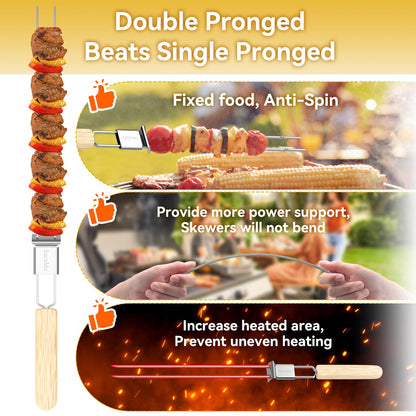 Skewers for Grilling, 17" (6 Pcs) Wooden Handle Double Pronged Stainless Steel Flat Kabob Skewers with Push Bar, Reusable Long Metal Skewer Sticks for Meat Chicken Vegetable, BBQ Accessories
