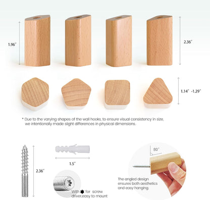 cuwuu's Modern Wood Wall Hooks, 4 Pack Natural Wooden Coat Hooks for Bathroom Entryway