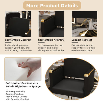 KEIKI Professional Salon Chair, 360° Swivel Hydraulic Barber Chair, Non-Tilting Styling Chair for Hair Salon, Tattoo & Beauty Spa, Black & Gold