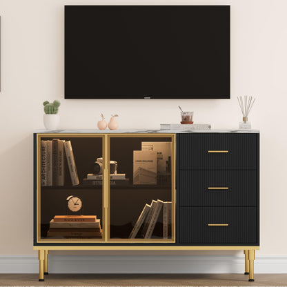 IDEALHOUSE Fluted Sideboard Cabinet, 46.4" Modern Sideboard Buffet Cabinet with 3 Drawers, 2 Glass Doors, Faux Marble Tabletop, Adjustable Shelves for Kitchen, Dining Room, Black