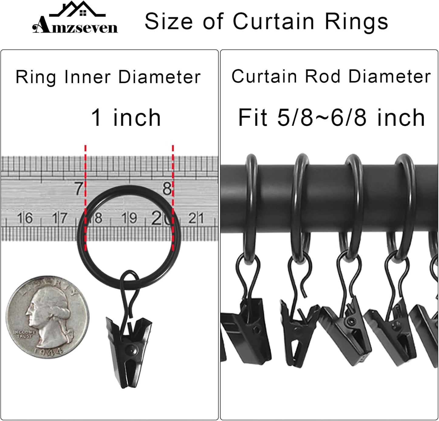 44 Pack Metal Curtain Rings with Clips | Drapery Clips with Rings | Fits Diameter 6/8 in Curtain Rod, Black