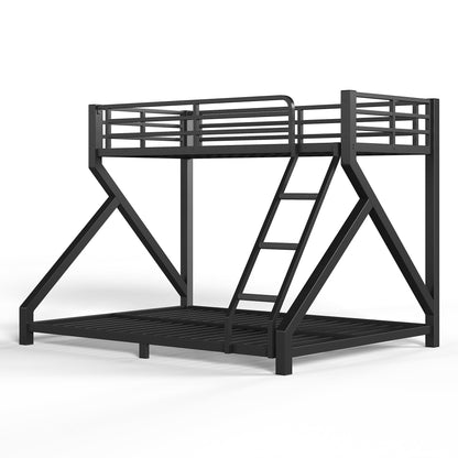 Bellemave Twin XL Over Queen Metal Bunk Bed,Low Profile Floor Bunk Bed Frame with Angled Ladder, Heavy Duty & Noise-Free Design for Kids, Teens & Adults, Black