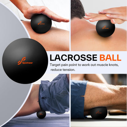 Sportneer 4 in 1 Foam Roller Set: Dual Textures Foam Roller, Foot Roller, Lacrosse Ball, Traction Massage Ball with String, Deep Massage Roller for Whole Body Release, Physical Therapy (Black)