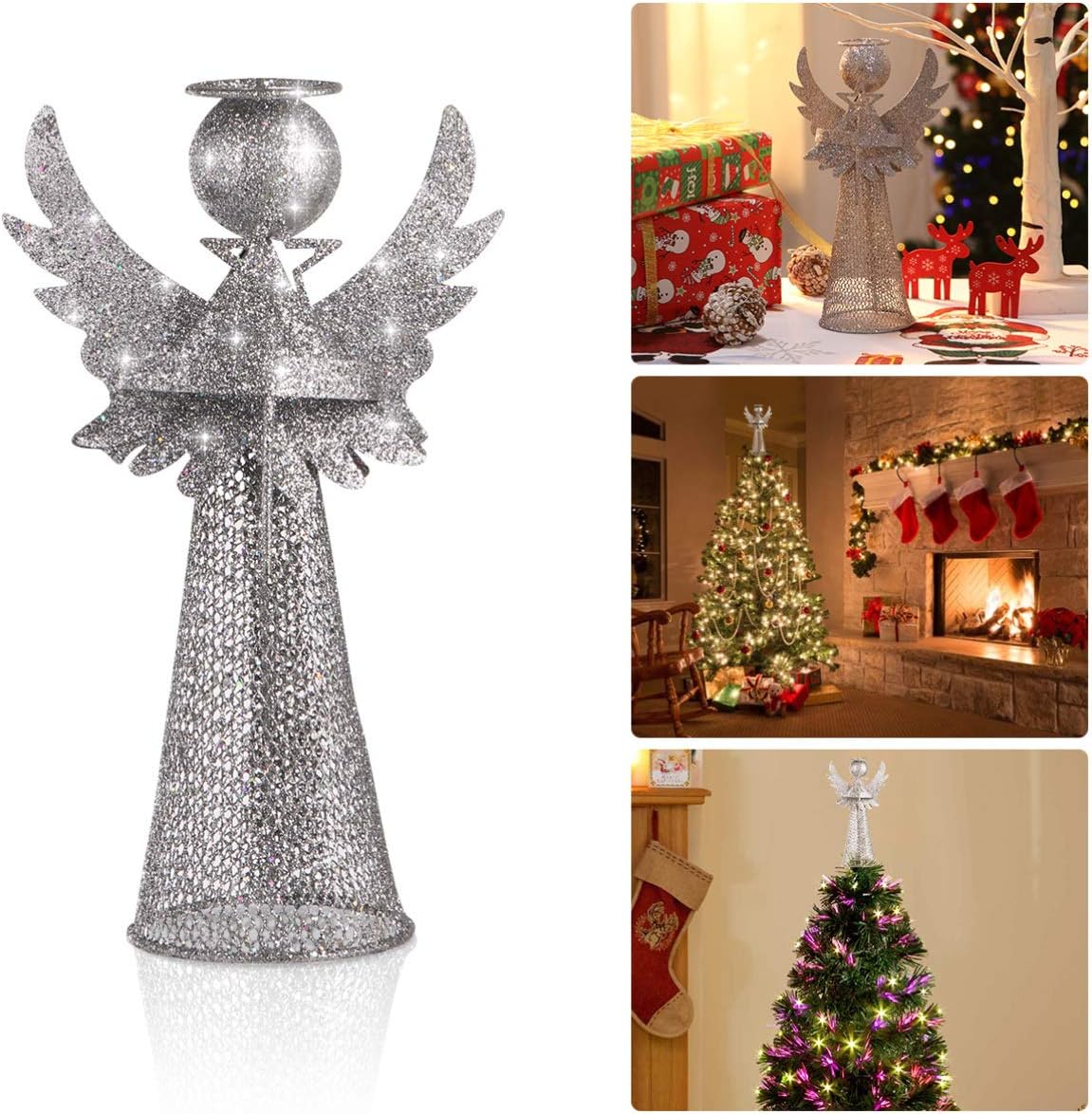 PRETYZOOM Christmas Silver Angel Tree Topper, Exquisite Glitter 3D Angel Figure Ornament for Party Home Xmas Tree