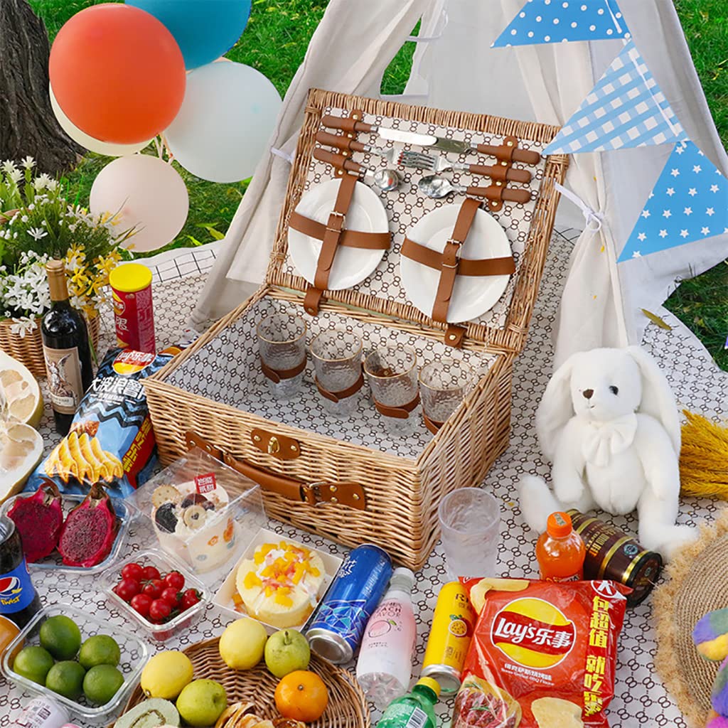 Storage Basket,4 Person Picnic Baskets - Luxury Wicker Hamper Sets -Premium Set with Flatware,Plates,Wine Glasses and Bottle Opener,for Camping Outdoor Party