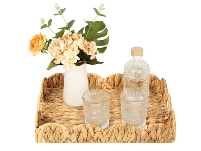 StorageWorks Rectangle Wicker Scalloped Tray, Rattan Serving Trays with Handles, Water Hyacinth Basket for Decorative & Organizing, 15.75" L x 11.5" W x 2.75" H