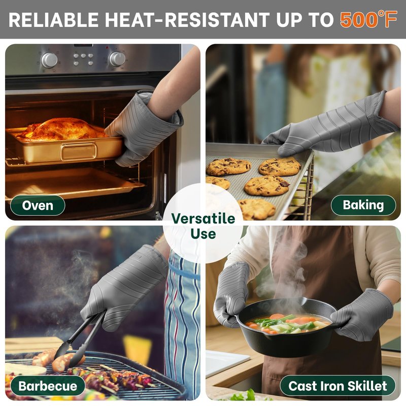 Beneno BPA-Free Silicone Oven Mitt 2-Pack Set, Heat Resistant 500°F Oven Mitts with Non-Slip Grip, Soft Thicker Lining, 7"x13", Gray