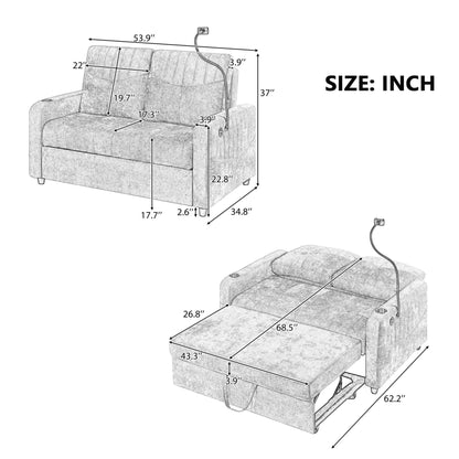 Merax Chenille 3-in-1 Pull Out Sleeper Sofa Bed Couch, 54" Convertible Futon Loveseat with Adjustable Backrest, 2 Cup Holders, Phone Stand, 3 Charging Ports and Storage Pockets for Living Room, Beige
