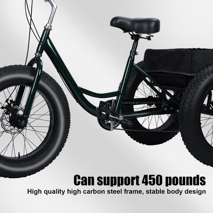 Adult Tricycle, 20 Inch Fat Tire Trike for Adults, 20" X 4" Tires, 7 Speeds, Loads 450lbs, Double Disc Brake, Anti-Slip Pedals, 3 Wheel Bikes for Adult, Large Shopping Basket for Commuting (BlackB)