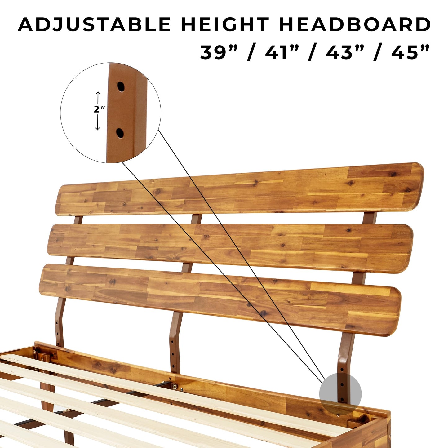 Bme Caden King Size Bed Frame and Adjustable Headboard, 15 Inch Mid Century Retro Style - Solid Acacia Wood - No Box Spring Needed - 12 Strong Wood Slat Support - Easy Assembly - Caramel