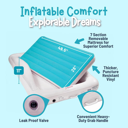 4ft Asani Inflatable Toddler Travel Bed, Electric Pump, Leakproof Air Mattress, Bumpers, Carry Case, Pillow - Fits Kids