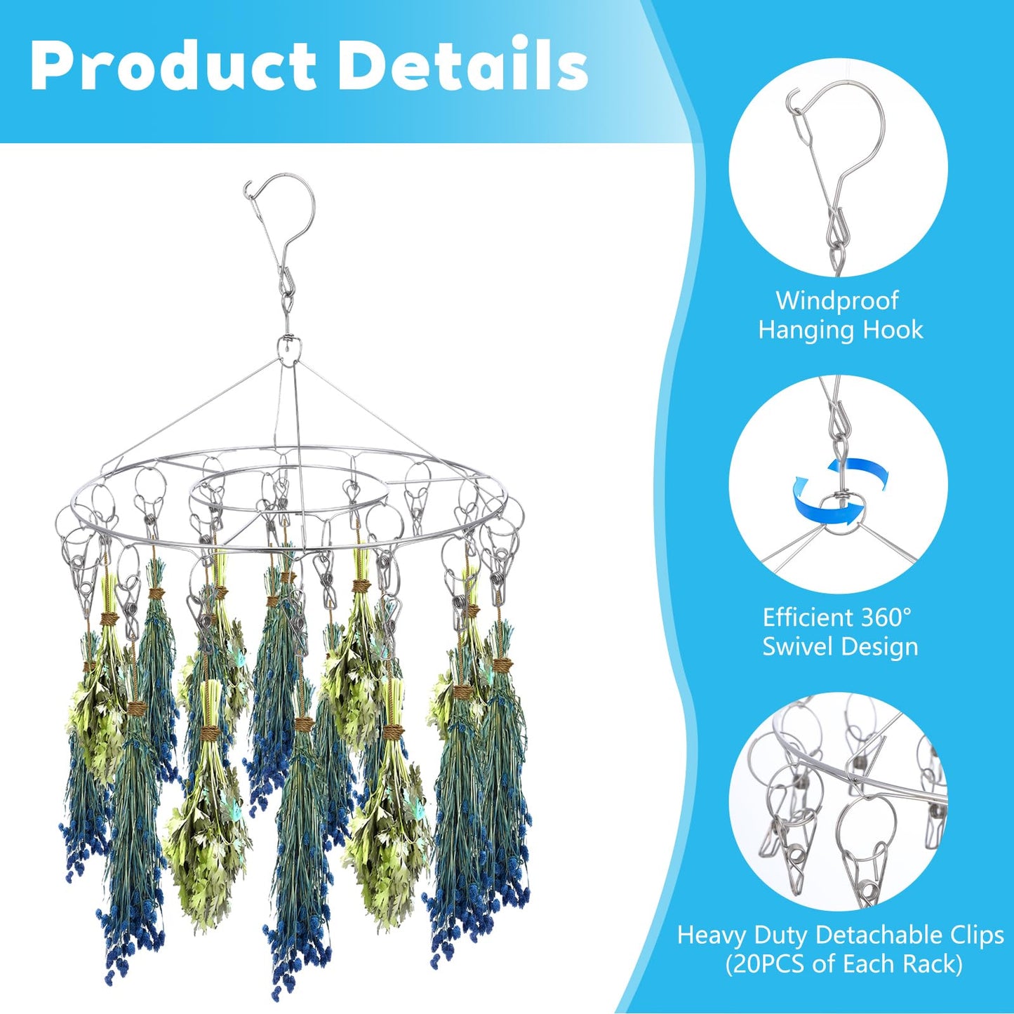 Kegeeei 5 Pack Stainless Steel Hanging Drying Rack with Clips - Foldable Laundry & Plant Dryer for Socks, Underwear, Bras, Towels, Spices & Flowers