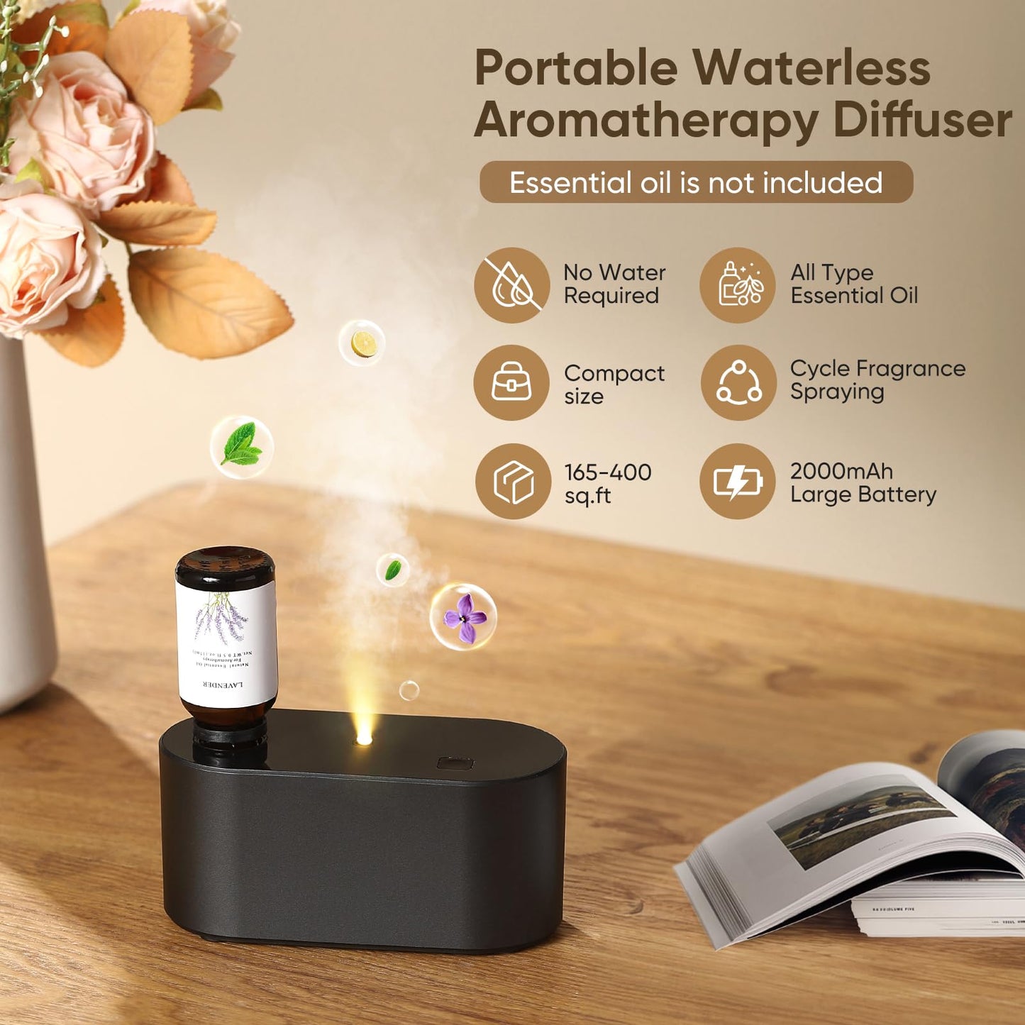 Waterless Diffuser for Home Essential Oil Diffuser, Aromatherapy Diffuser, Portable Scent Diffusers, 3 Mist Modes, Cycle Start for Bedroom, Office Studio 160-350 sq. ft Black