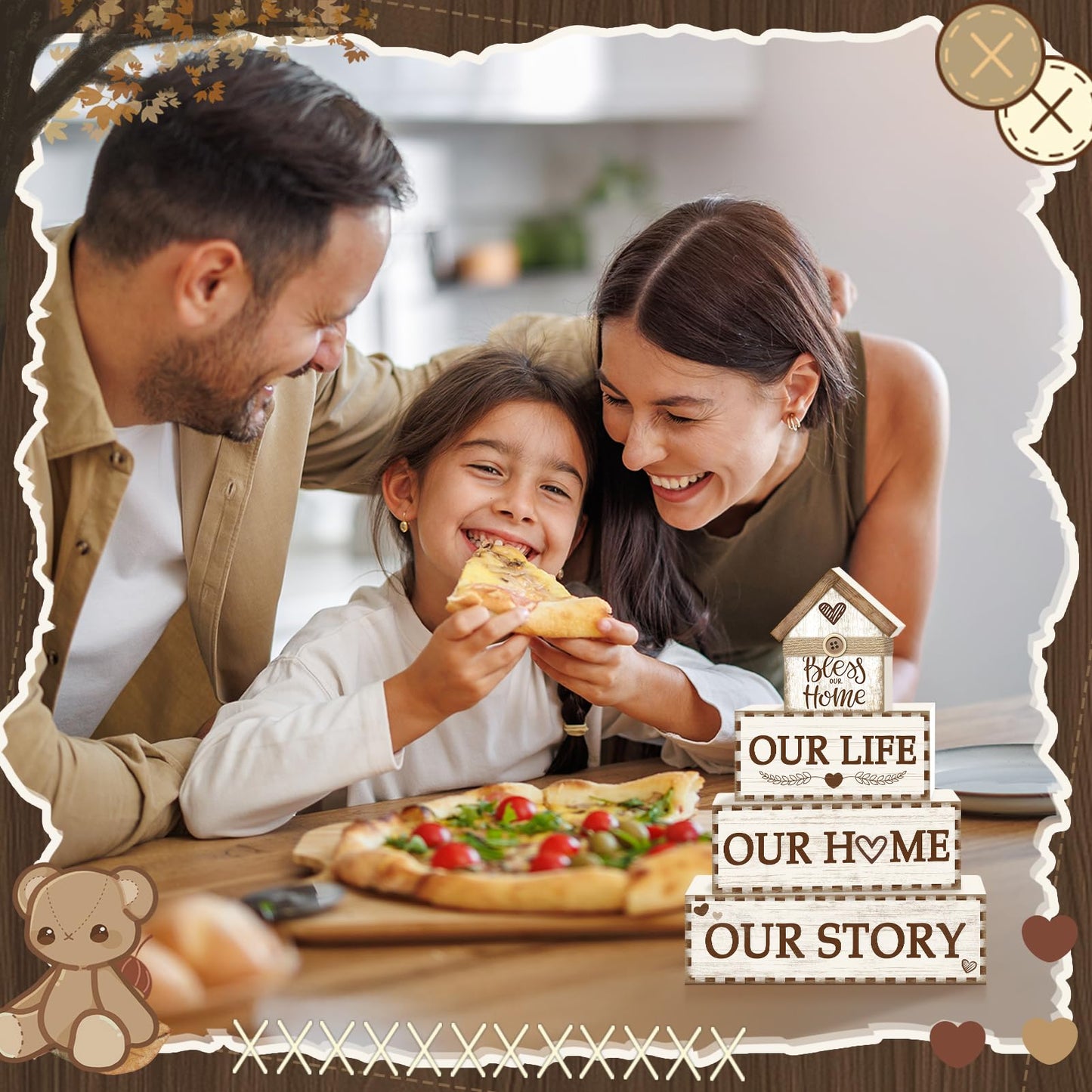 4 Pcs Rustic Farmhouse Decor Wooden Tiered Tray Decor, Rustic Family Table Decorations Our Life Story Stack Block Sign Neutral Home Tabletop Centerpieces for Kitchen Shelf Entryway Coffee Desk