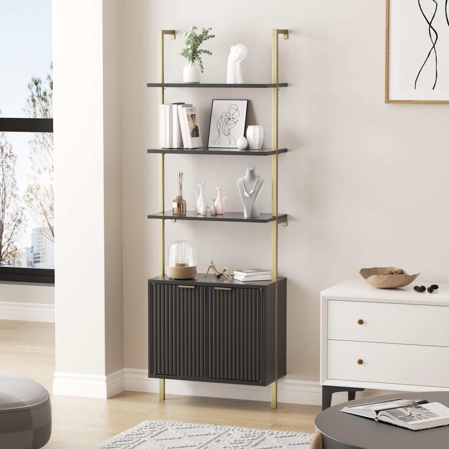 Set of 2 Ladder Bookshelf with Cabinet, 71" Tall Bookcase with Shelves & Storage, Fluted Ladder Shelf with Metal Frame, 6-Tier Display Rack for Living/Bedroom, Home & Office, Black & Gold