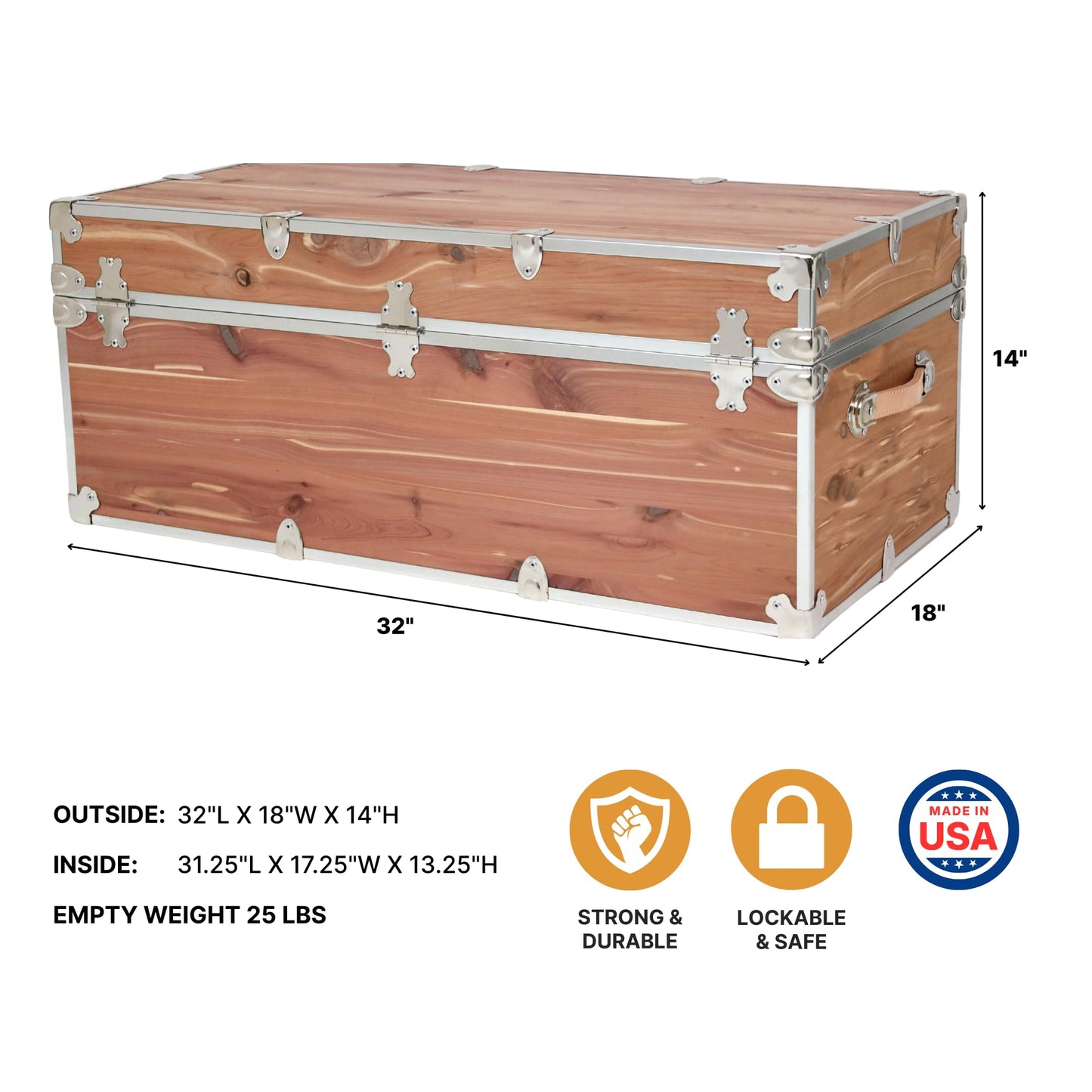 Rhino Trunk & Case Knotty Cedar Chest – Large Storage Box, Coffee Table, End of Bed Trunk or Entryway Storage Bench – 32"x18"x14" USA-Made, Furniture Grade, Heirloom Aesthetic – Strong and Secure