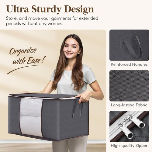 Lifewit Large Capacity Clothes Storage Bag - Reinforced Handle & Clear Window | 90L, Grey, 12 Pack