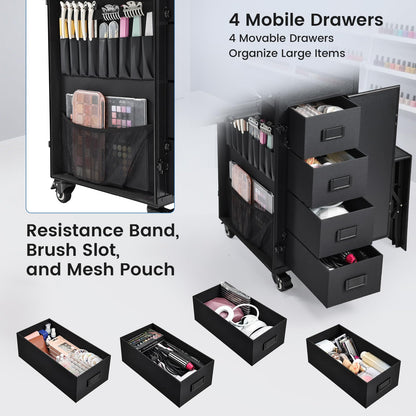 Joligrace Rolling Manicure Table with Pedicure Chair 4 Drawers Rolling Makeup Case Foldable Nail Desk Cosmetology Case on Wheels Brush Pouch Mirror Nail Kits Technician Workstation Artist Trolley