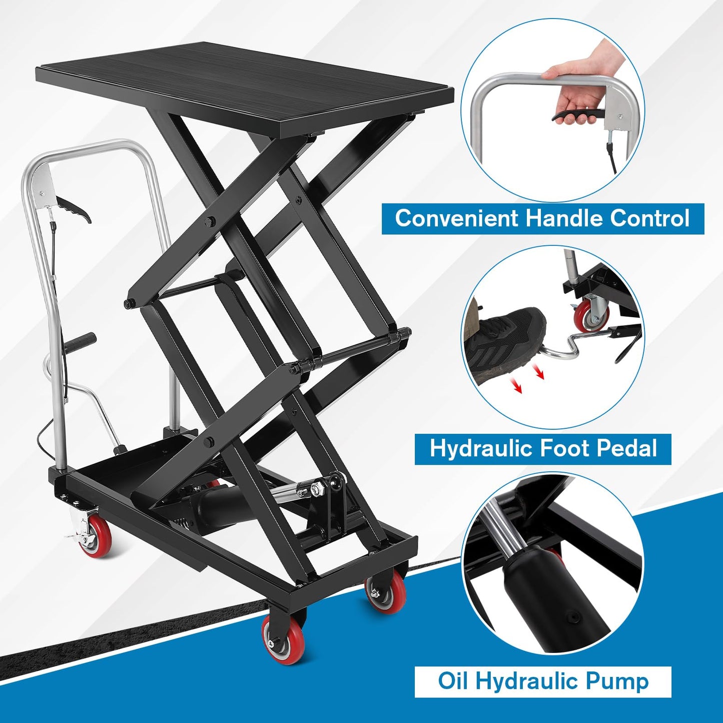 Hydraulic Lift Table Cart, 330 Lbs Capacity 50" Lifting Height Double Scissor Lift Table with Anti-Slip Pad & 4 Wheels for Material Handling & Transportation in Warehouse, Workshop, Black