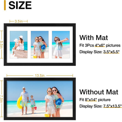 decorUhome 8x14 Picture Frames Collage Wall Decor, Display 3Pcs 4x6 Photos with Mat or 1Pcs 8x14 Unmatted, 3 4x6 Collage Picture Frames for Wall Mounting, Black