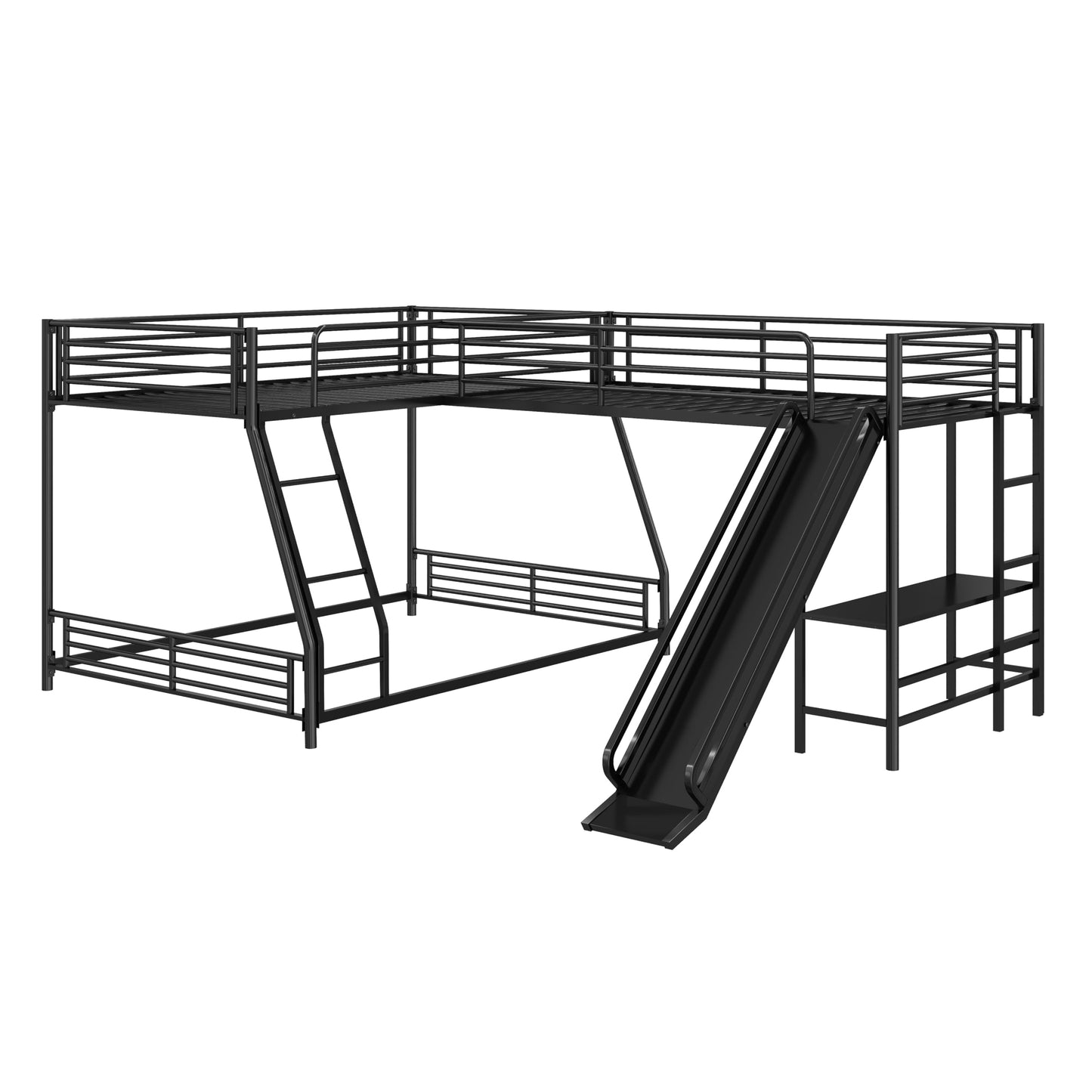 Merax L-Shaped Twin Over Full Bunk Bed with Twin Size Loft Bed, Black Metal Bunk Bed with Built-in Desk and Slide