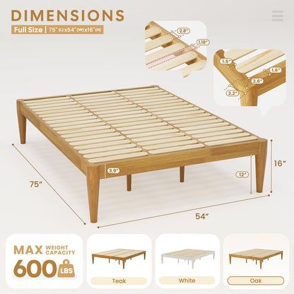IOTXY Full Platform Bed Frame - Solid Wood 16-Inch Height Mattress Foundation Base with Densely Slats and Heavy-Duty Support Legs, No Box Spring Needed, Oak