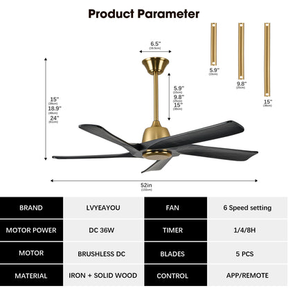 LVYEAYOU 52 Inch Solid Wood Ceiling Fan No Lights, Remote and APP Control, DC Motor, 6-speed Reversible, for Bedroom, Living Room, Office, Black Gold