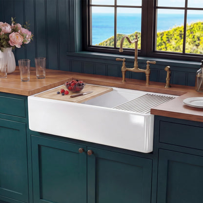 Miuara White Farmhouse Workstation Sink 33 Inch - Heavy Duty Fireclay Apron Front Kitchen Sink Undermount 33"x20"x10", Farm House Style Deep Single Bowl for Kitchen