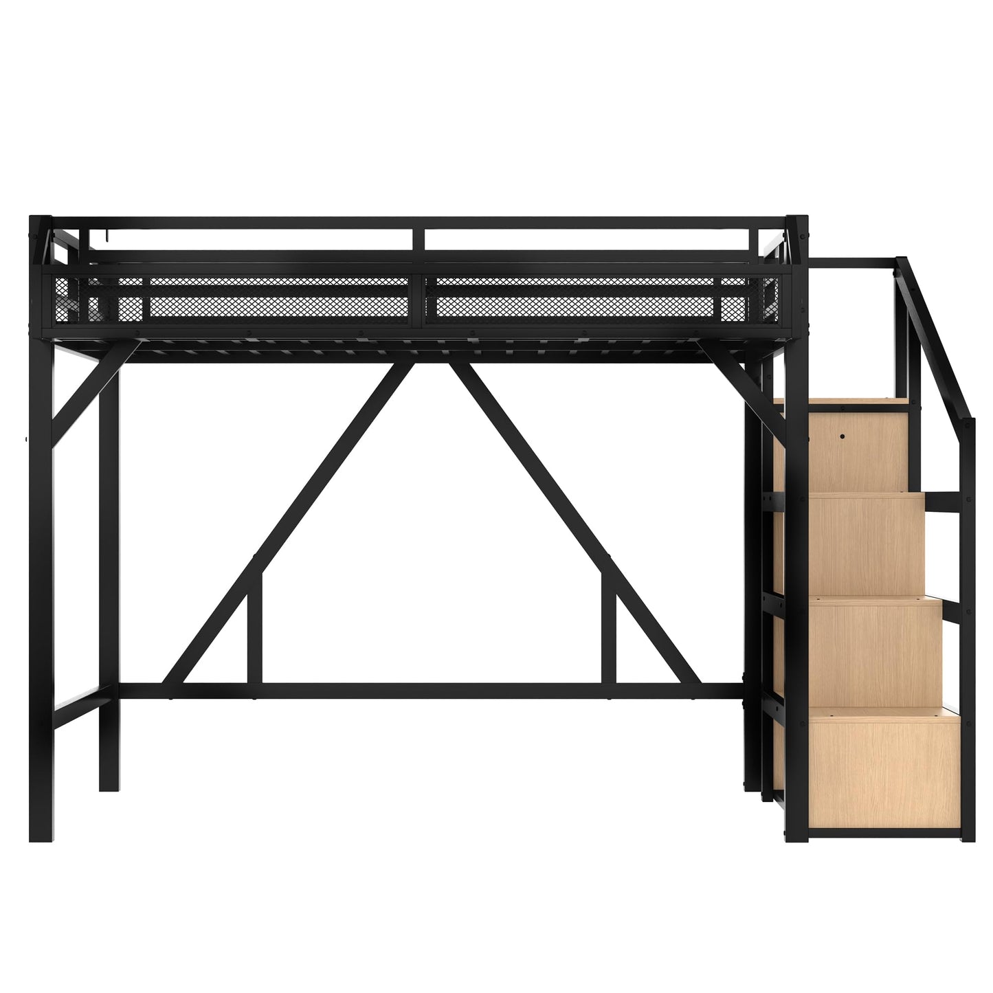 Bellemave Queen Size Loft Bed with Stairs and Wardrobe,Heavy Duty Metal Loft Bed Frame with Shelves,LED Lights and Charging Station for for Kids,Teens,Adults,Natural Wood