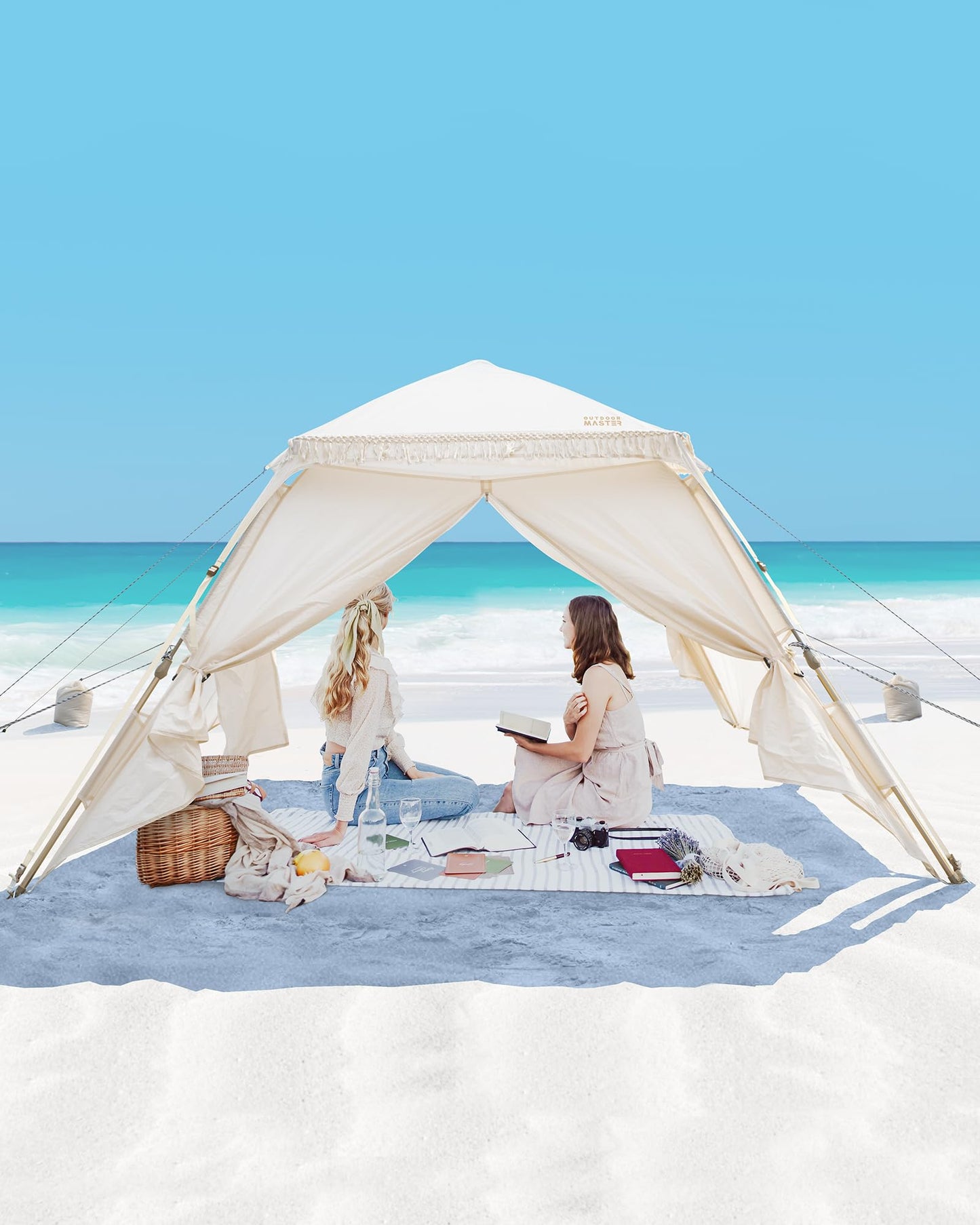 OutdoorMaster Pop Up Beach Tent with Fringe for 4 Person, Easy Setup and Portable Beach Shade Sun Shelter Canopy with UPF 50+ UV Protection, 11MM Thick Pole