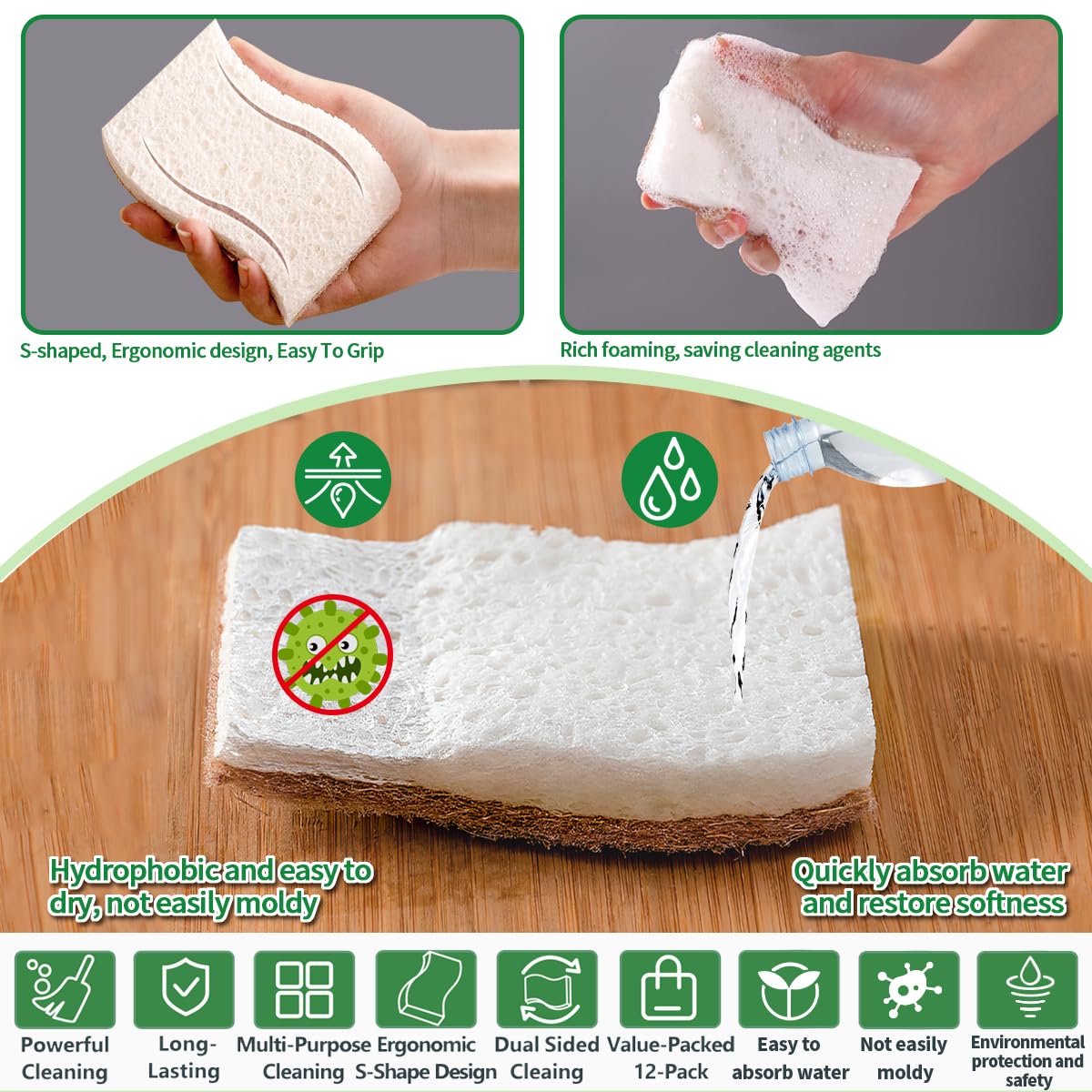 Sponges Kitchen Natural Dish Sponge Plant-Based Biodegradable Compostable Cellulose with Coconut Scrubber Sponge Non Scratch Eco Friendly Kitchen sponges for Kitchen Dishes（Pack of 12）