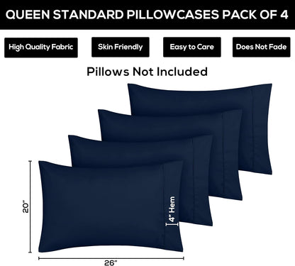 Utopia Bedding Standard Pillow Cases - Soft Brushed Microfiber - 4 Pack, Navy, 20 x 26 Inches