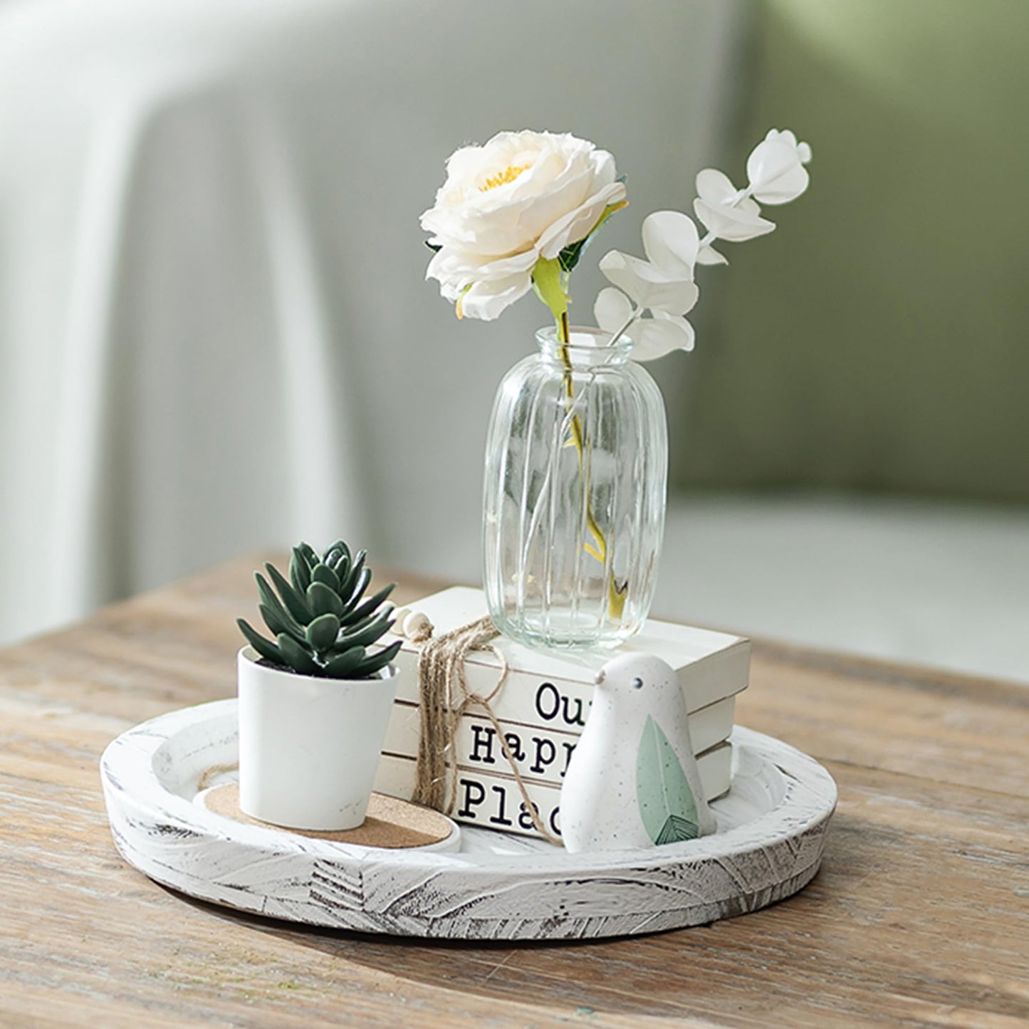 Hanobe Candle Plate Holder Tray: Round White Wood Decorative Tray Decor - Rustic Farmhouse CoffeeTable Decor - Tealight Pillar Trays for Home Decor