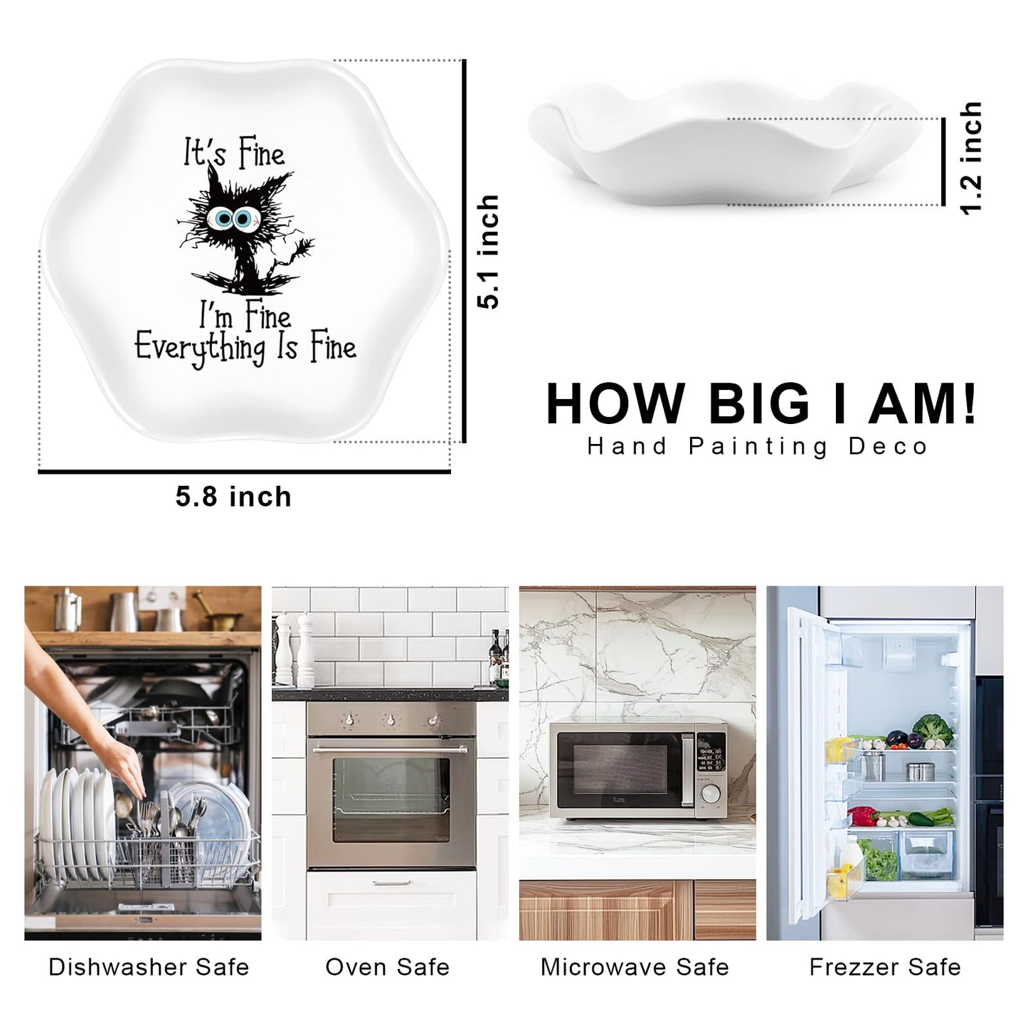I'M Fine Everything is Fine Spoon Rest for Kitchen, Funny Cat Ceramic Heat Resistant Utensil Holder for Stove Top, Housewarming Gift for Cat Lovers Women, 5.8 Inches