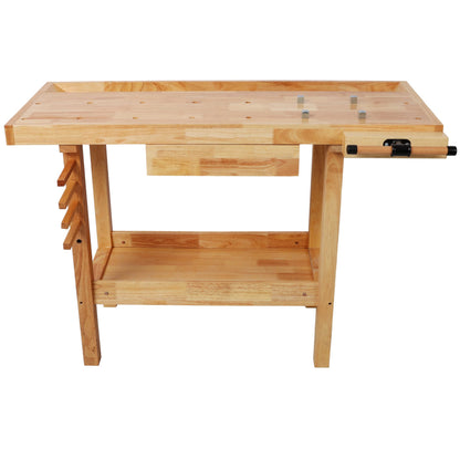 ABH 48 Inches Wood Workbench Heavy Duty Woodworking Table with Adjustable Handle Storage Shelf, 330lbs Capacity Solid Wood Workstation for Garage, Workshop, Improvement (Natural)