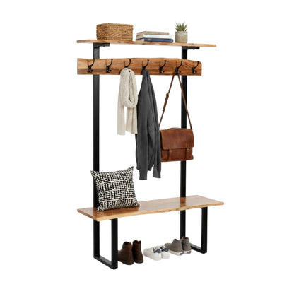 Alpine Live Edge Hall Tree with Bench and Coat Rack – Modern Rustic 48-Inch Solid Wood Entryway Organizer with Shelf, 7 Double Coat Hooks, & Bench for Mudroom or Foyer by Alaterre Furniture (Natural)