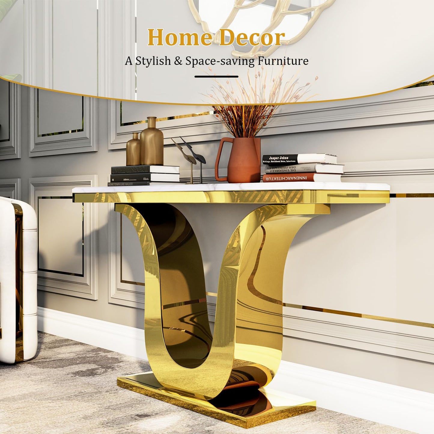 Anewsun Gold Console Table, White and Gold Living Room Sofa Table, 50" Rectangle Console Table for Entryway, Living Room, Office, Foyer, Front Hall, Hallway