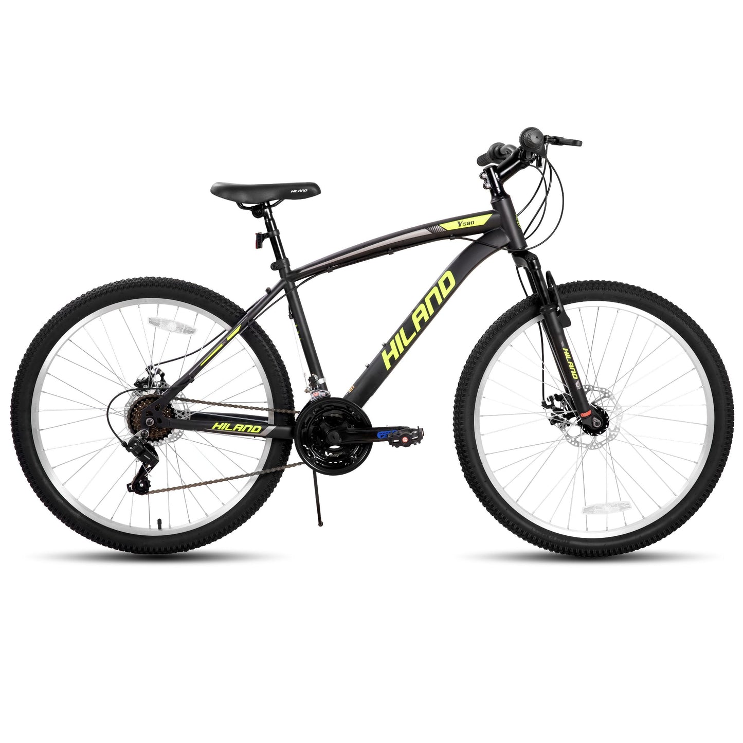 HH HILAND Mens and Womens Mountain Bike, 26 Inch 18 Speed Mountain Bicycle with Dual Disc Brake, Front Suspension Fork, High Carbon Steel Frame Urban Commuter Bike for Adults, Black Yellow