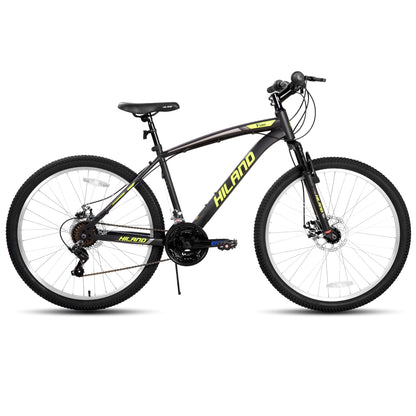 HH HILAND Mens and Womens Mountain Bike, 26 Inch 18 Speed Mountain Bicycle with Dual Disc Brake, Front Suspension Fork, High Carbon Steel Frame Urban Commuter Bike for Adults, Black Yellow