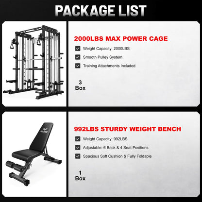 JELENS Smith Machine for Home Gym, Multi-Function M12 Power Cage, Squat Rack with Smith Bar and More Attachment (Black, Weight Bench Package)